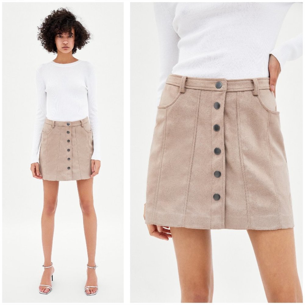 NWT Zara Nude Suede Skirt Snap Button Skirt S